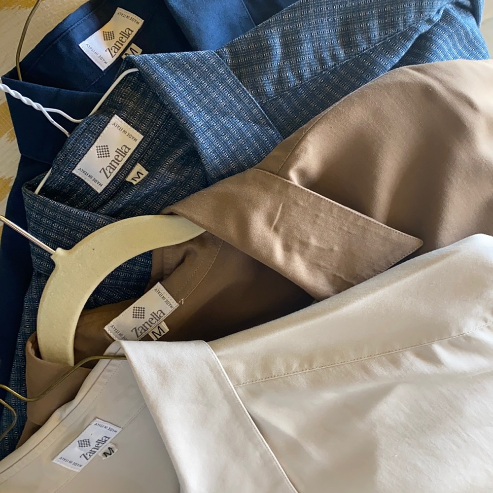 Zanella collar dress shirts, great condition. Tan, brown, blue